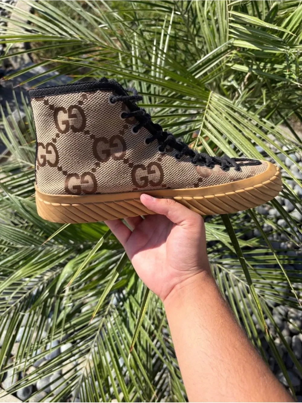 Gucci Beige & Brown GG Canvas High-Top Sneaker with Tan Sole